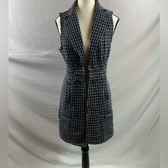 Black/White Plaid Double Breasted Lapel Collar Vest Coat - Picture 6 of 7